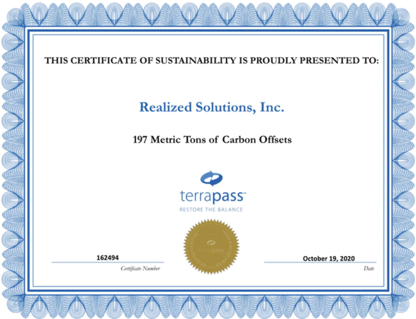 Realized Solutions 2020 Certificate